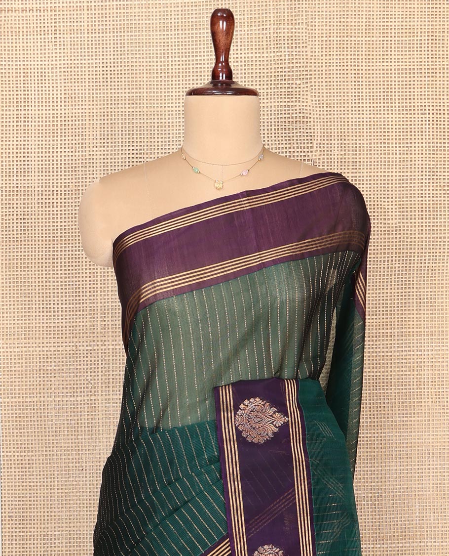 Green Dotted Striped Silk Cotton Saree, Complemented by a Contrast Zari Buttas Border, Intricately Designed Pallu, and a Contrast Blouse
