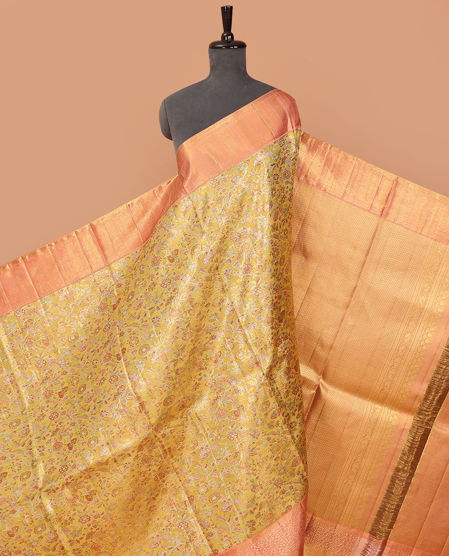 Yellow floral meenakari jacquard silk saree, contrast border of thilakam mokku,rudraksham,banaras,mayil kann & floral vine & jaal pallu