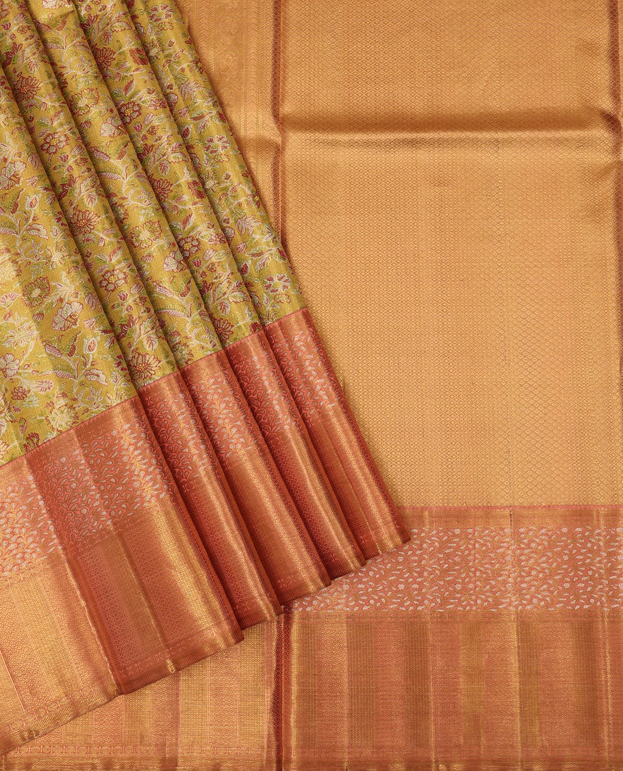 Yellow floral meenakari jacquard silk saree, contrast border of thilakam mokku,rudraksham,banaras,mayil kann & floral vine & jaal pallu