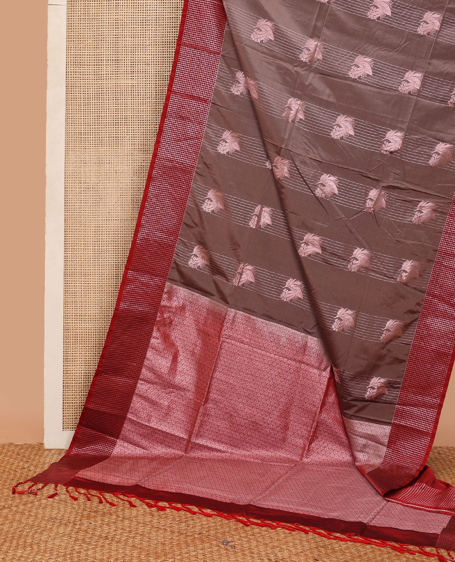Brown semi-soft silk saree with zari stripes & leaf design, contrast zari checked border & ogee patterned pallu