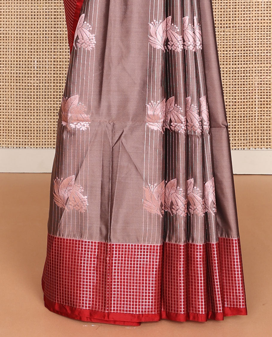 Brown semi-soft silk saree with zari stripes & leaf design, contrast zari checked border & ogee patterned pallu