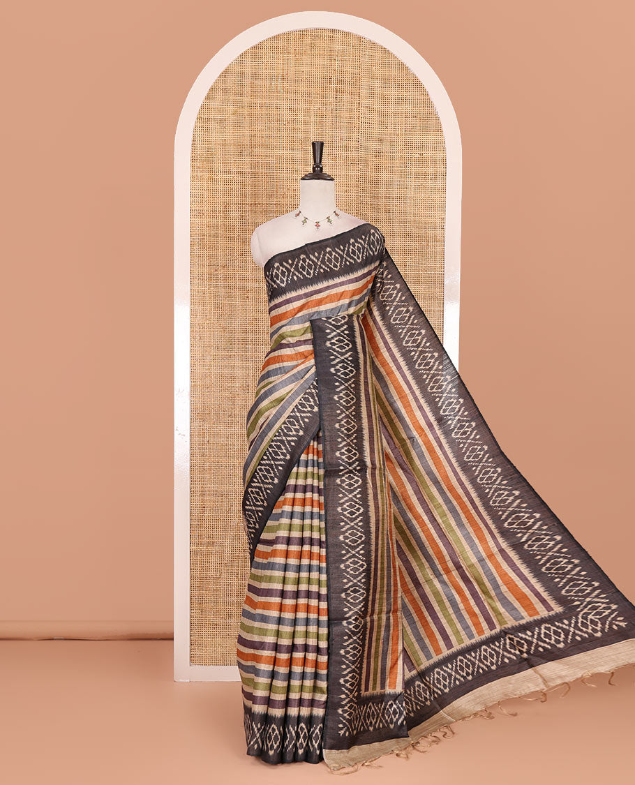 Multi-color striped tussar silk saree, contrast ikkat design border, and striped pallu