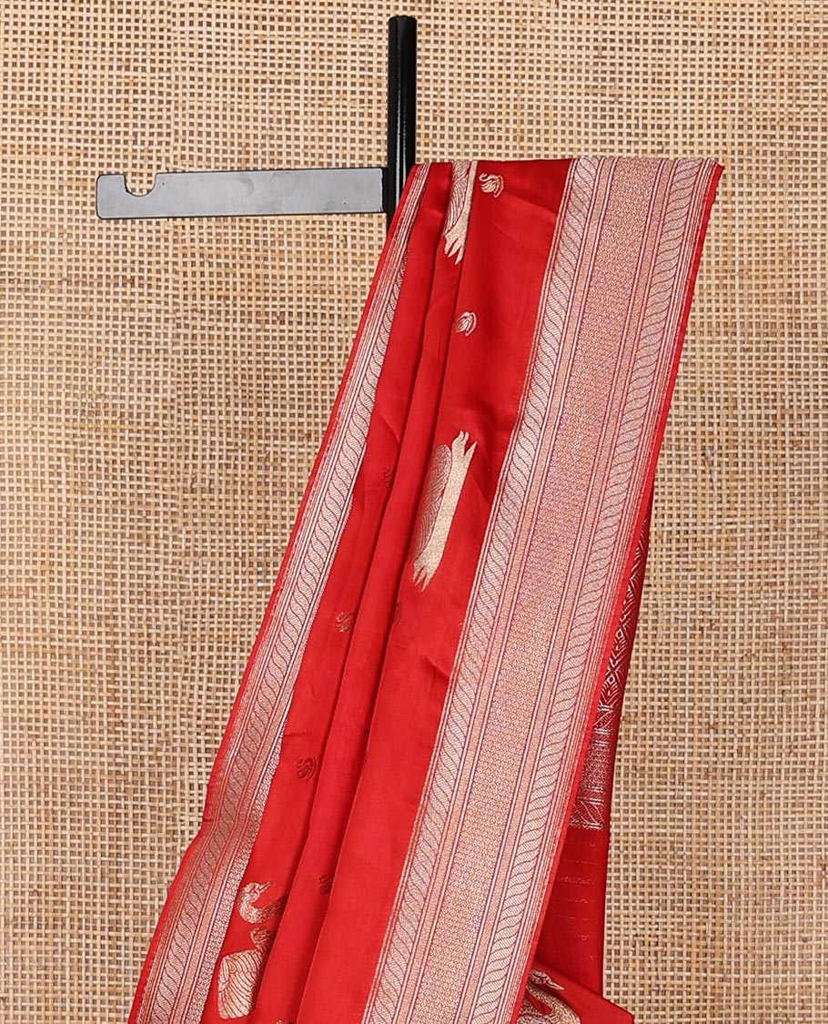Red mushru silk saree with swan zari buttas, traditional zari design border & pallu of jaal design
