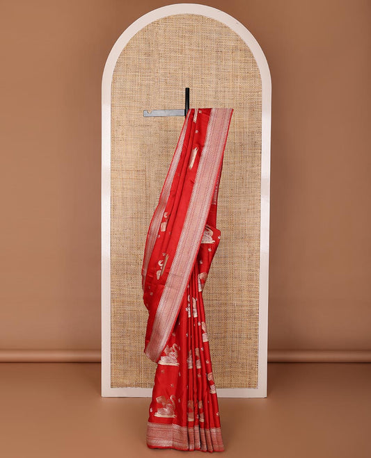 Red mushru silk saree with swan zari buttas, traditional zari design border & pallu of jaal design