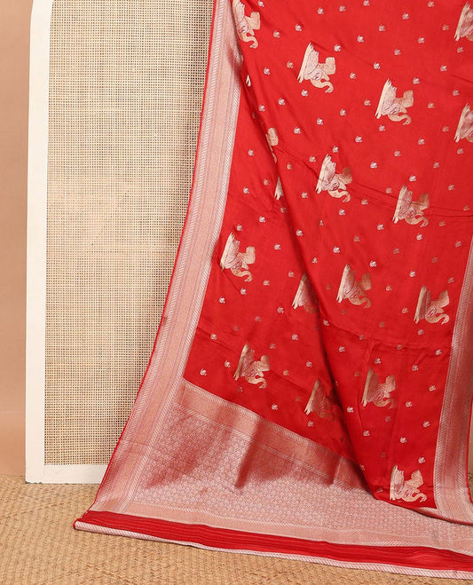 Red mushru silk saree with swan zari buttas, traditional zari design border & pallu of jaal design