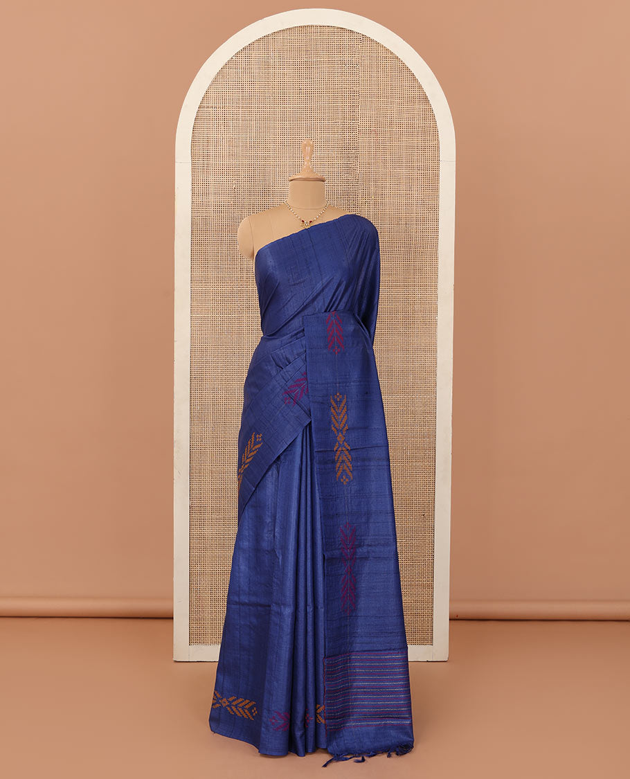 Borderless blue resham thread woven geometric motifs tussar silk saree with striped pallu