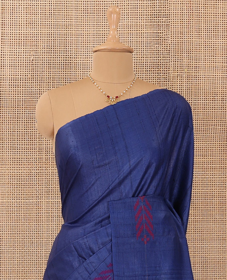 Borderless blue resham thread woven geometric motifs tussar silk saree with striped pallu