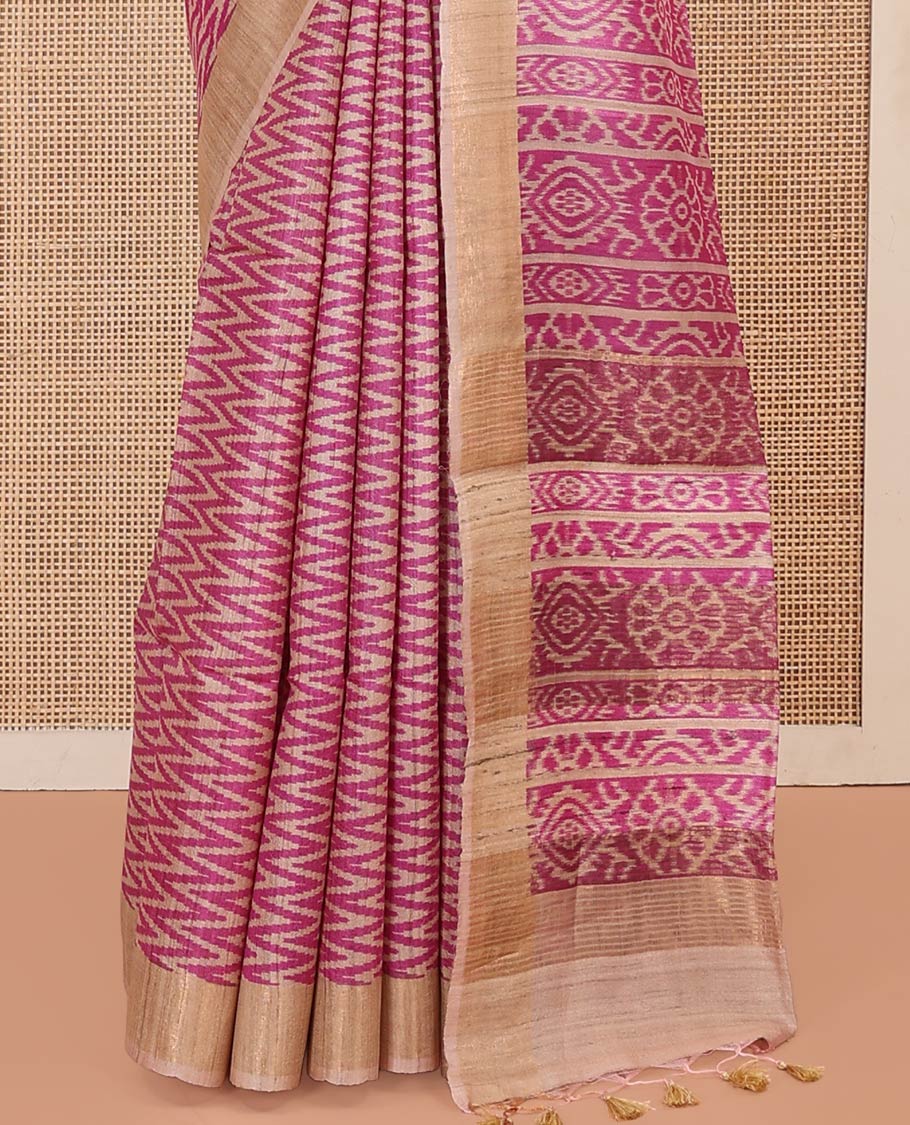 Pink Tussar Silk Saree Enthralled with Ikkat-Style Chevron Stripes Printed All Over Its Body, Complemented by Contrast Border, Pallu Printed with Ikkat Designs, and Paired with a Contrast Blouse