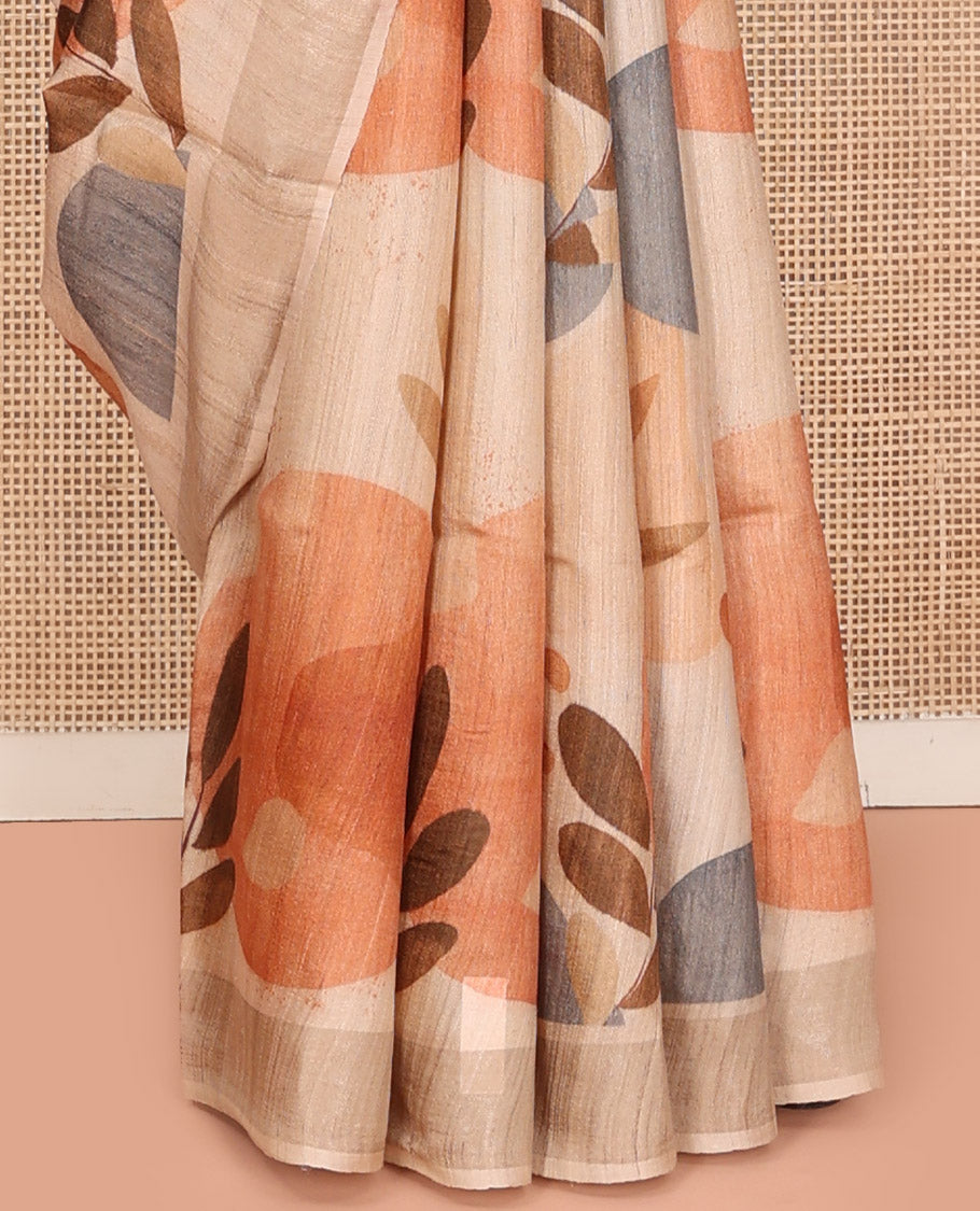 Sandal Tussar Silk Saree, Beautified with Tropical Floral Print on Its Body, a Subtle Border, Heathered Pallu, and Paired with a Matching Blouse