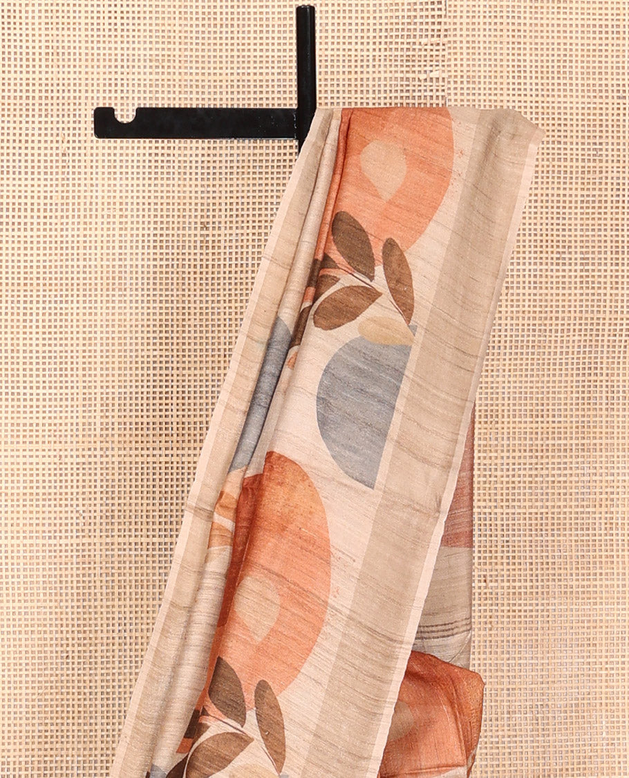Sandal Tussar Silk Saree, Beautified with Tropical Floral Print on Its Body, a Subtle Border, Heathered Pallu, and Paired with a Matching Blouse