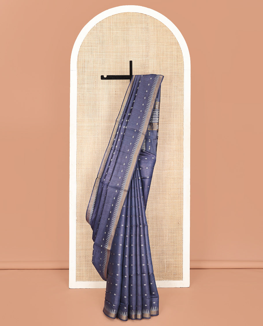 Grey Tussar Saree, Adorned with Rudraksha Motifs, a Subtle Temple Zari Border, Pallu of Stripes and Buttas, and a Matching Blouse