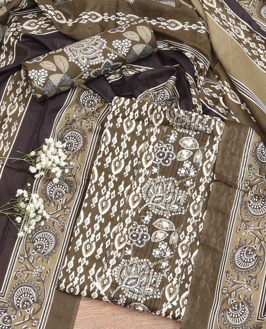 Green Material Chudidar Set, Adorned with Intricate Designs and Thread Work Cotton Top, a Floral Printed Cotton Bottom, and Paired with an Intricately Printed Cotton Dupatta