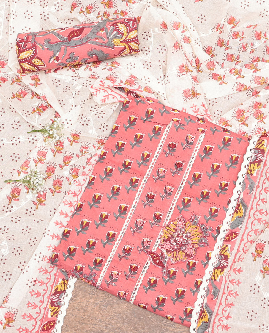 Peach Cotton Material Churidar Set, Elevated with Floral Print and Embroidery Top, Floral Bottom, and a Printed Dupatta