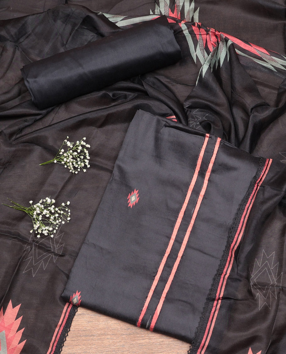 Black Cotton Material Churidar Set, Woven with Buttas Top, Plain Bottom, and Temple Dupatta