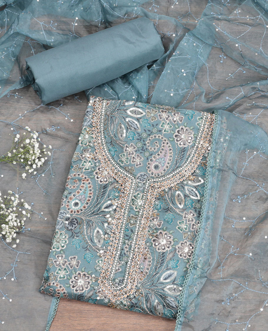 Peacock Blue Organza Material Chudidar Set