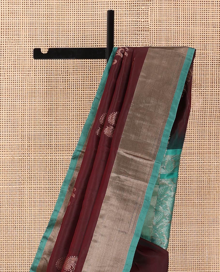Maroon zari buttas Uppada saree, contrast bavanji border, and jaal design pallu