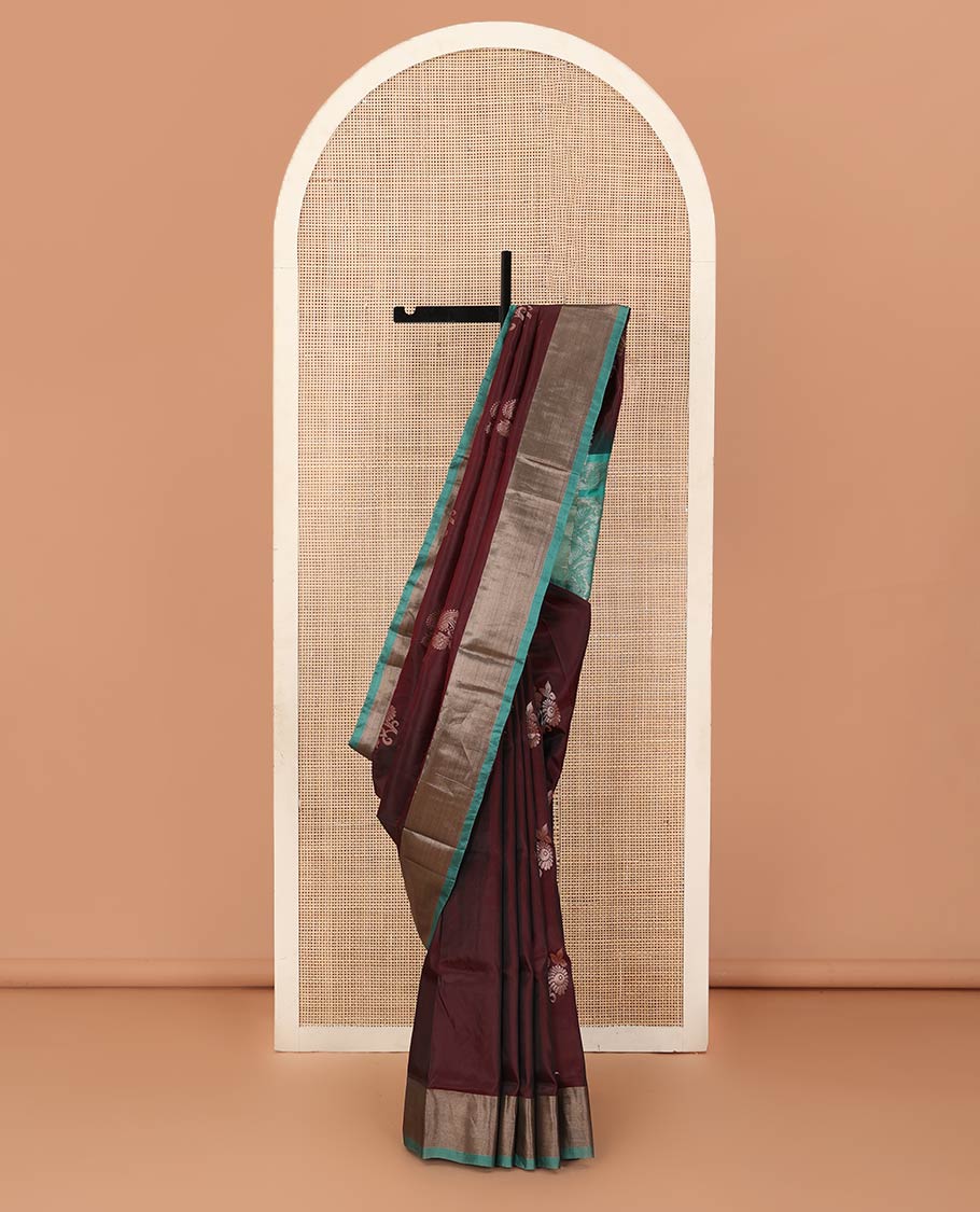 Maroon zari buttas Uppada saree, contrast bavanji border, and jaal design pallu