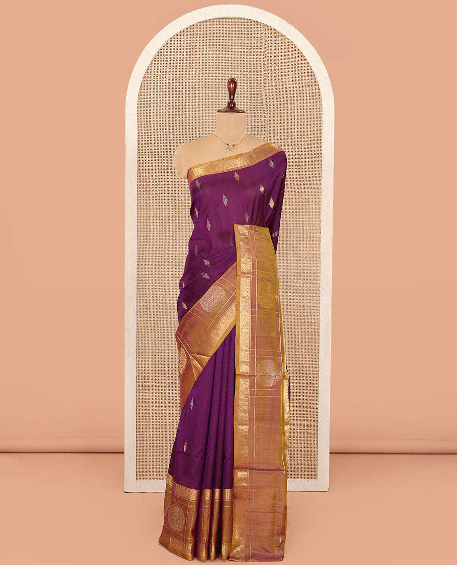 Purple Uppada Silk Saree Embellished with Zari Buttas, Complemented by a Contrast Traditional Zari Border of Zari Designs, Contrast Pallu of Floral and Paisley Designs, and Paired with a Contrast Blouse