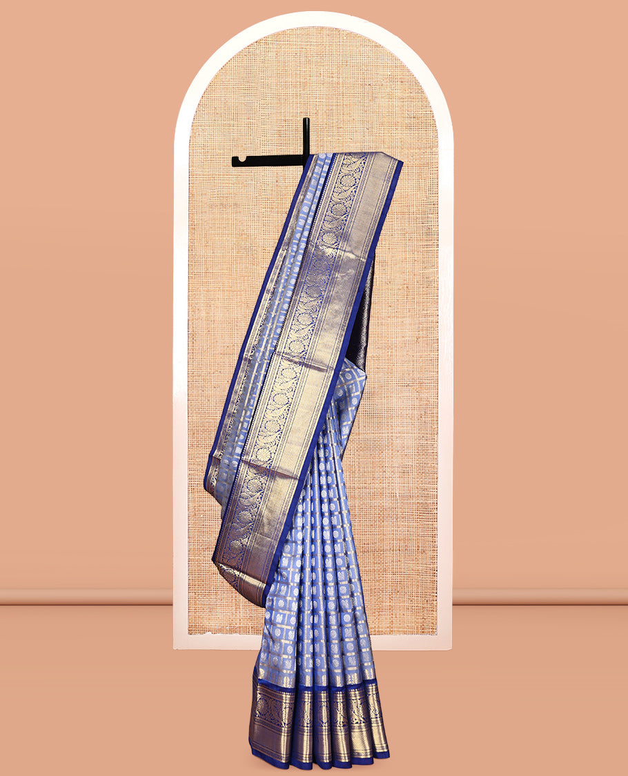 Blue Peacock Chakra Buttas-Checked Venkatagiri Silk Saree, a Contrast Traditional Border, Contrast Blouse
