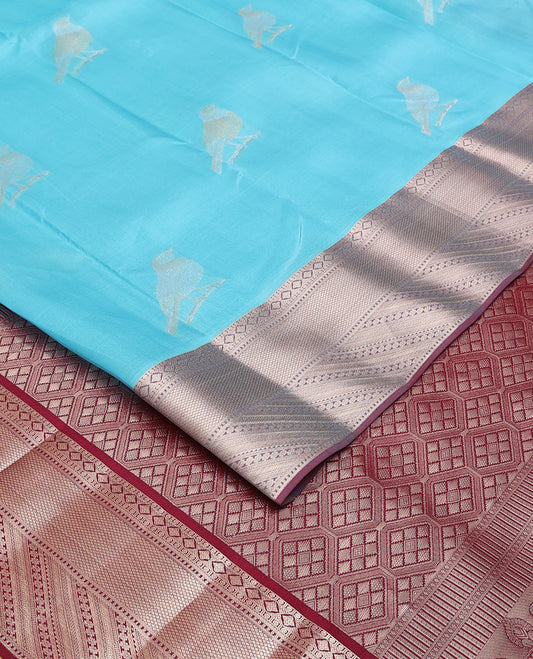 Blue sparrow motifs Vasundhara elite silksaree,contrast border of rekku,kamalam,muthu,neli,paisa & mayil kann & jaal pallu