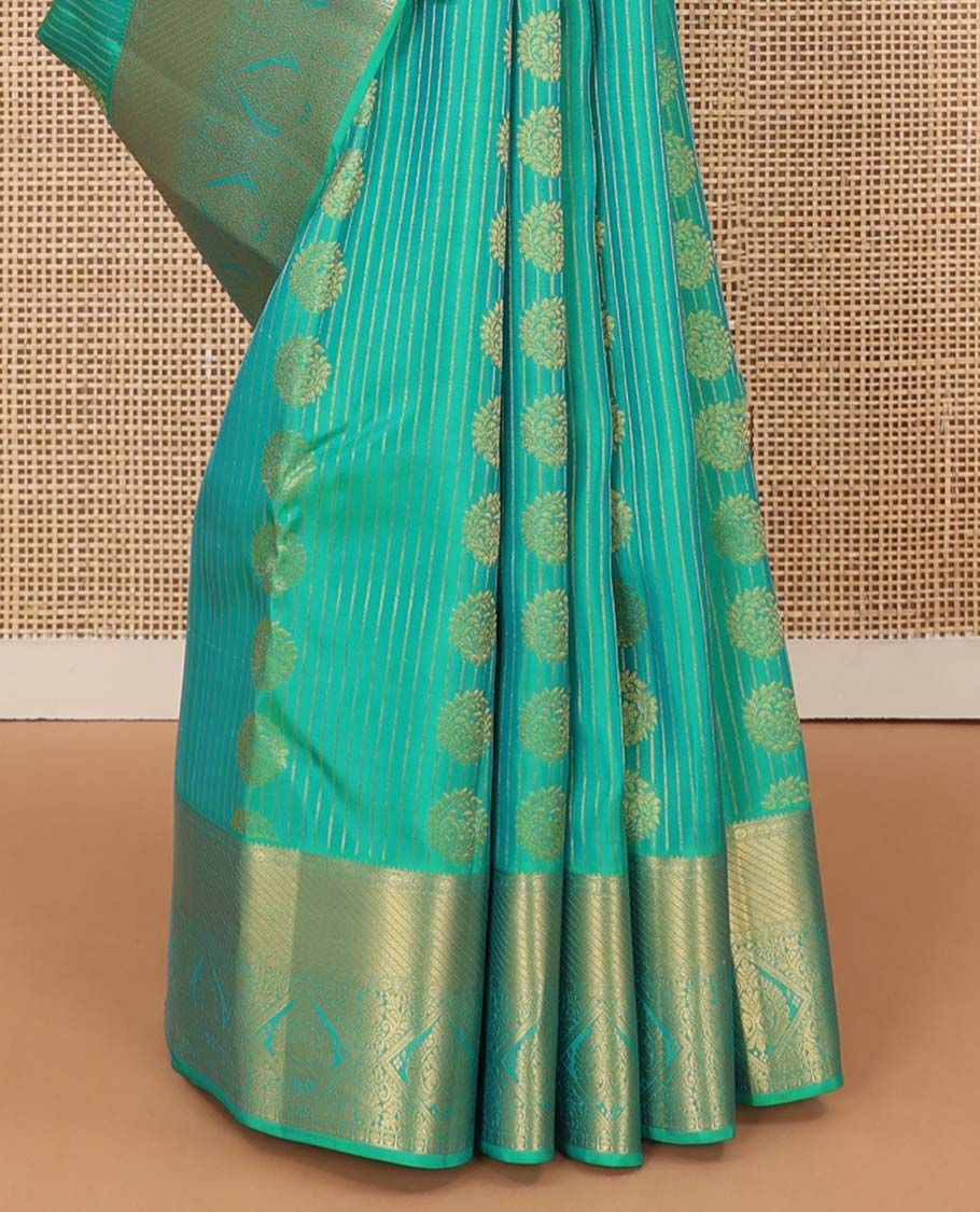 Green zari buttas Vasundhara silk mix saree, zari border of rudraksham, and diamond designs, and traditional design steeped border