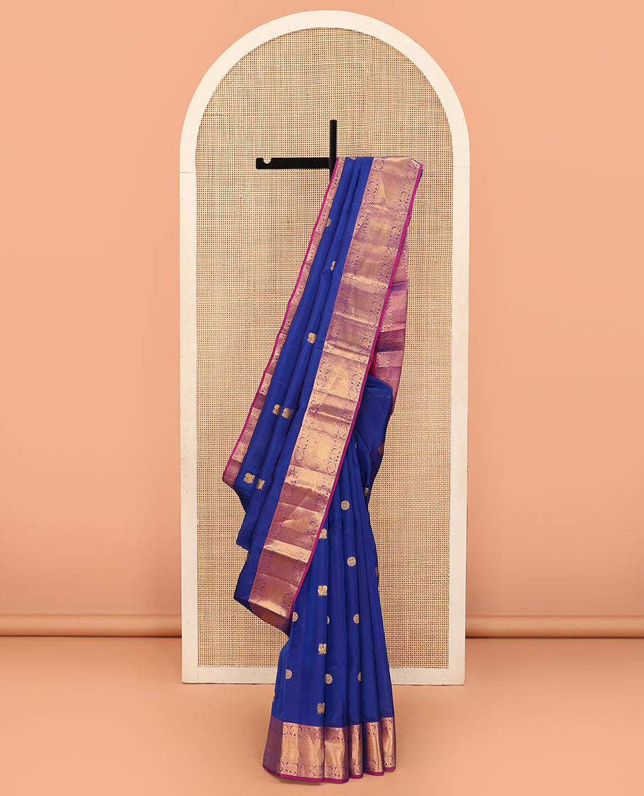 Blue Vasundhara Lite Silk Mix Saree Zari-Woven with Mayil Chakram Buttas, Complemented by a Contrast Border of Rudraksham, Mayil, Chakra, Yaanai, Vanki, and Mayil Kann Designs, Jaal Pallu, and a Contrast Blouse
