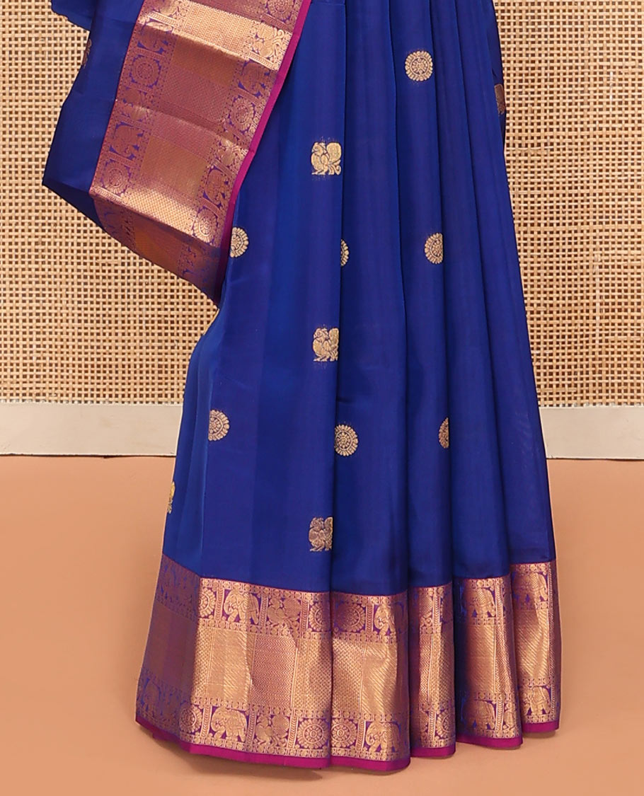 Blue Vasundhara Lite Silk Mix Saree Zari-Woven with Mayil Chakram Buttas, Complemented by a Contrast Border of Rudraksham, Mayil, Chakra, Yaanai, Vanki, and Mayil Kann Designs, Jaal Pallu, and a Contrast Blouse