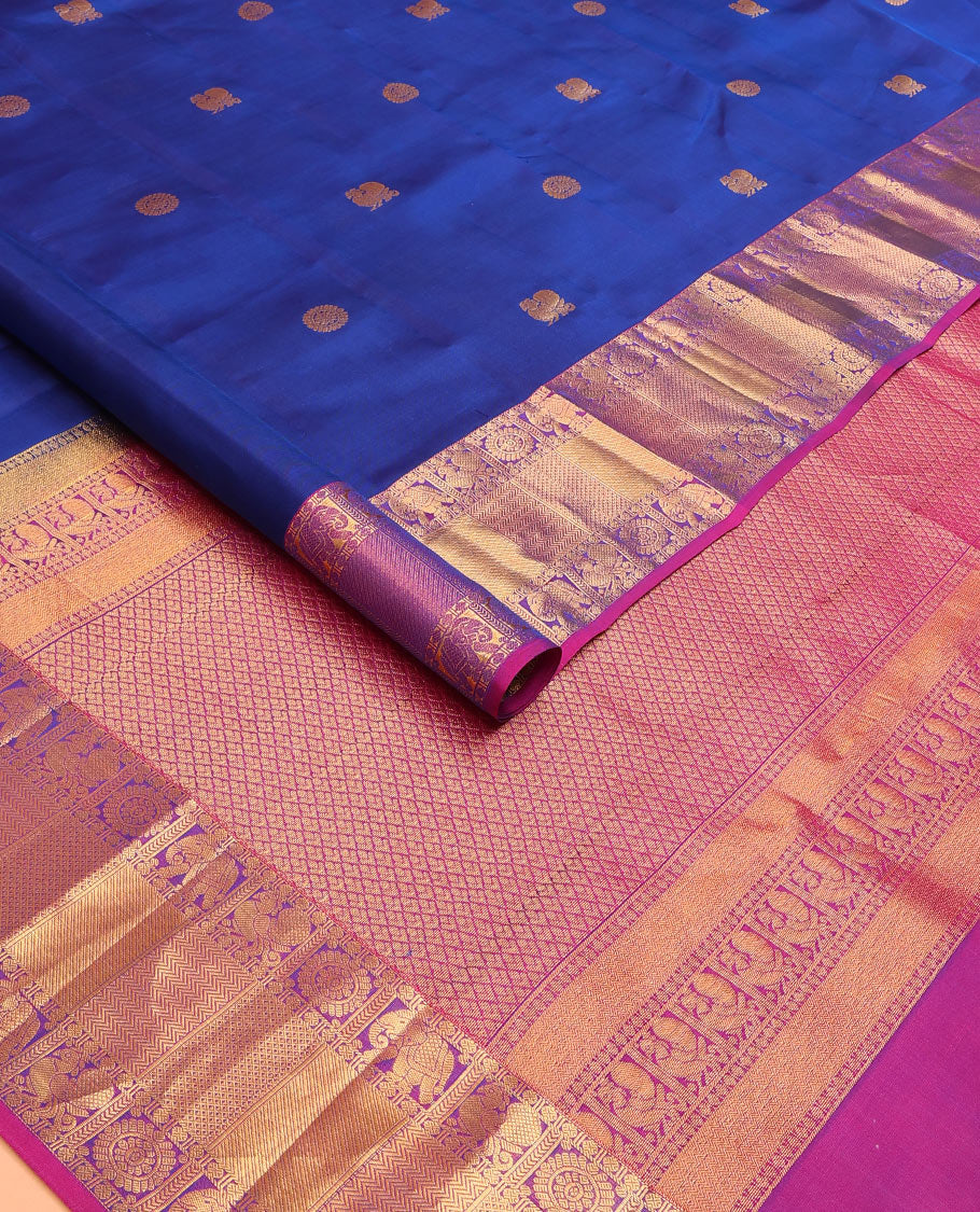 Blue Vasundhara Lite Silk Mix Saree Zari-Woven with Mayil Chakram Buttas, Complemented by a Contrast Border of Rudraksham, Mayil, Chakra, Yaanai, Vanki, and Mayil Kann Designs, Jaal Pallu, and a Contrast Blouse