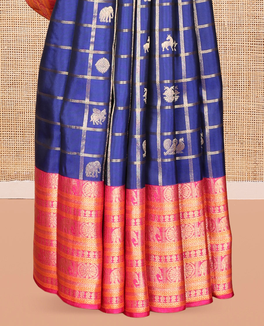 Blue Vasundhara Lite Silk Mix Saree, Enriched with Butta Enclosed Checks, a Contrast Border of Yaanai, Chakram, and Neli Designs, Vanki Pallu, and a Contrast Blouse