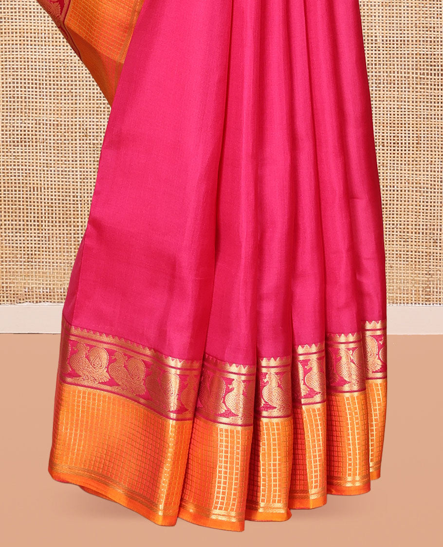 Pink Plain Vasundhara Lite Silk Mix Saree, a Contrast Zari Checked Border of Rekku, and Mayil Design, Grand Pallu, and a Contrast Blouse