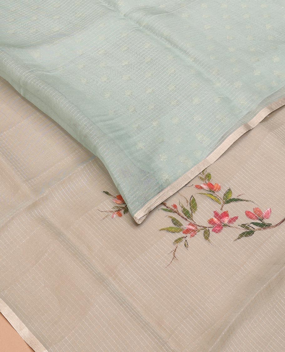 Green floral-bird hand-painted organza silk saree, leaf vine & birds hand-painted piping zari border & zari buttas chiniya silk blouse