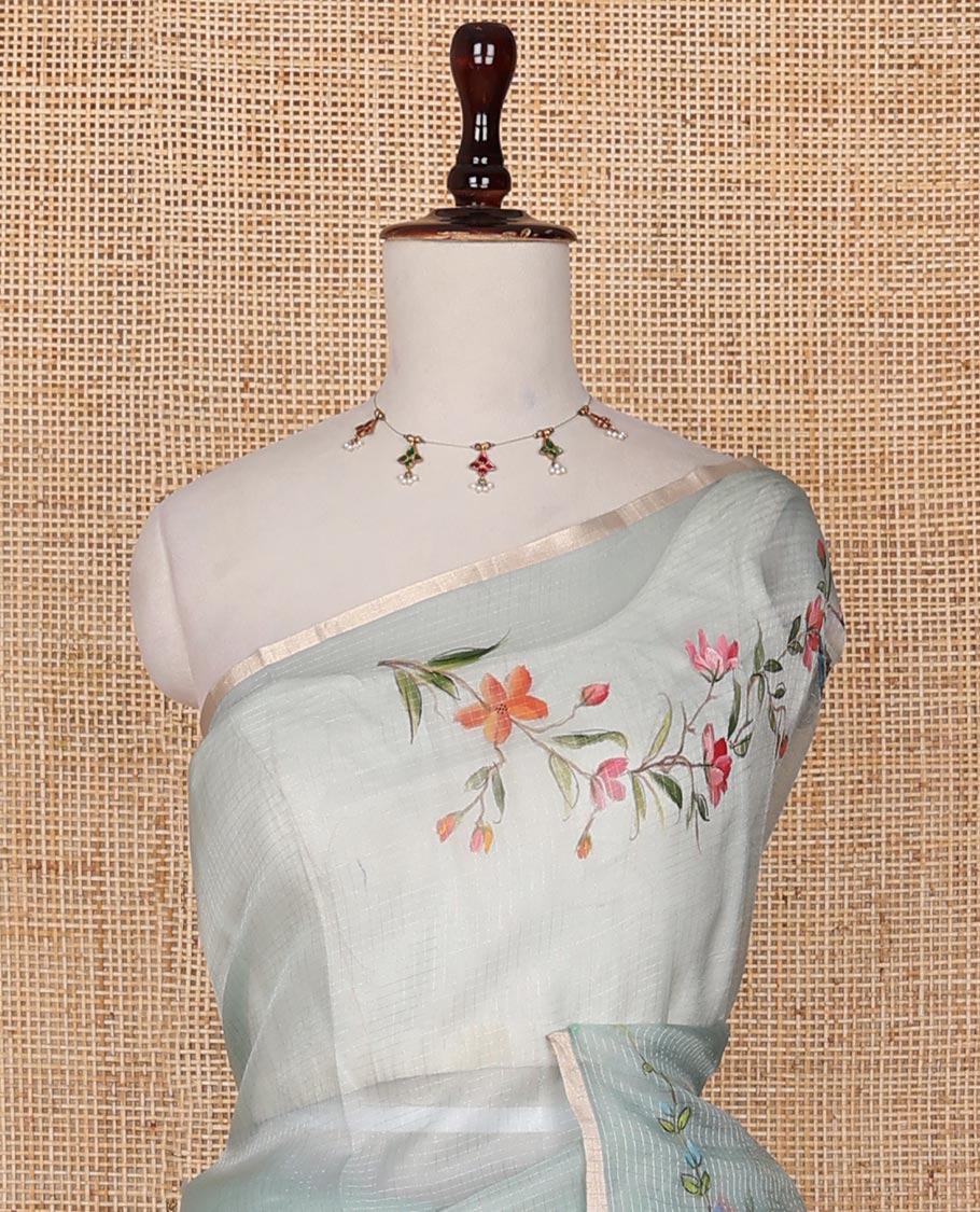 Green floral-bird hand-painted organza silk saree, leaf vine & birds hand-painted piping zari border & zari buttas chiniya silk blouse