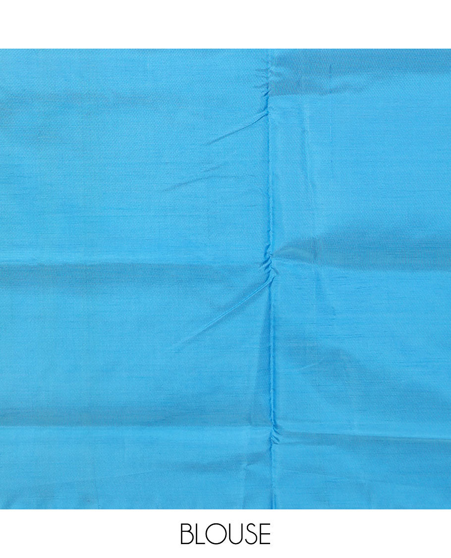 Blue zari buttas banana pith saree, contrast plain border, and pallu of stripes, and buttas