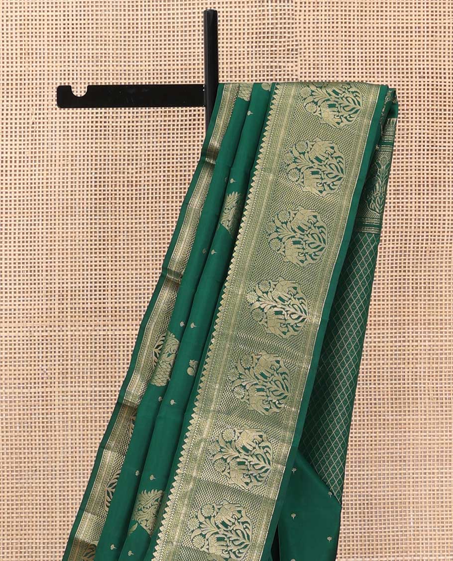 Green zari buttas silk saree, zari border of thilakam mokku, muthu, kathir, ara maadam, and yaanai, and jaal pallu