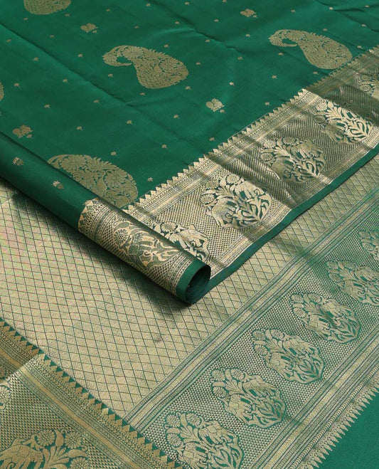 Green zari buttas silk saree, zari border of thilakam mokku, muthu, kathir, ara maadam, and yaanai, and jaal pallu