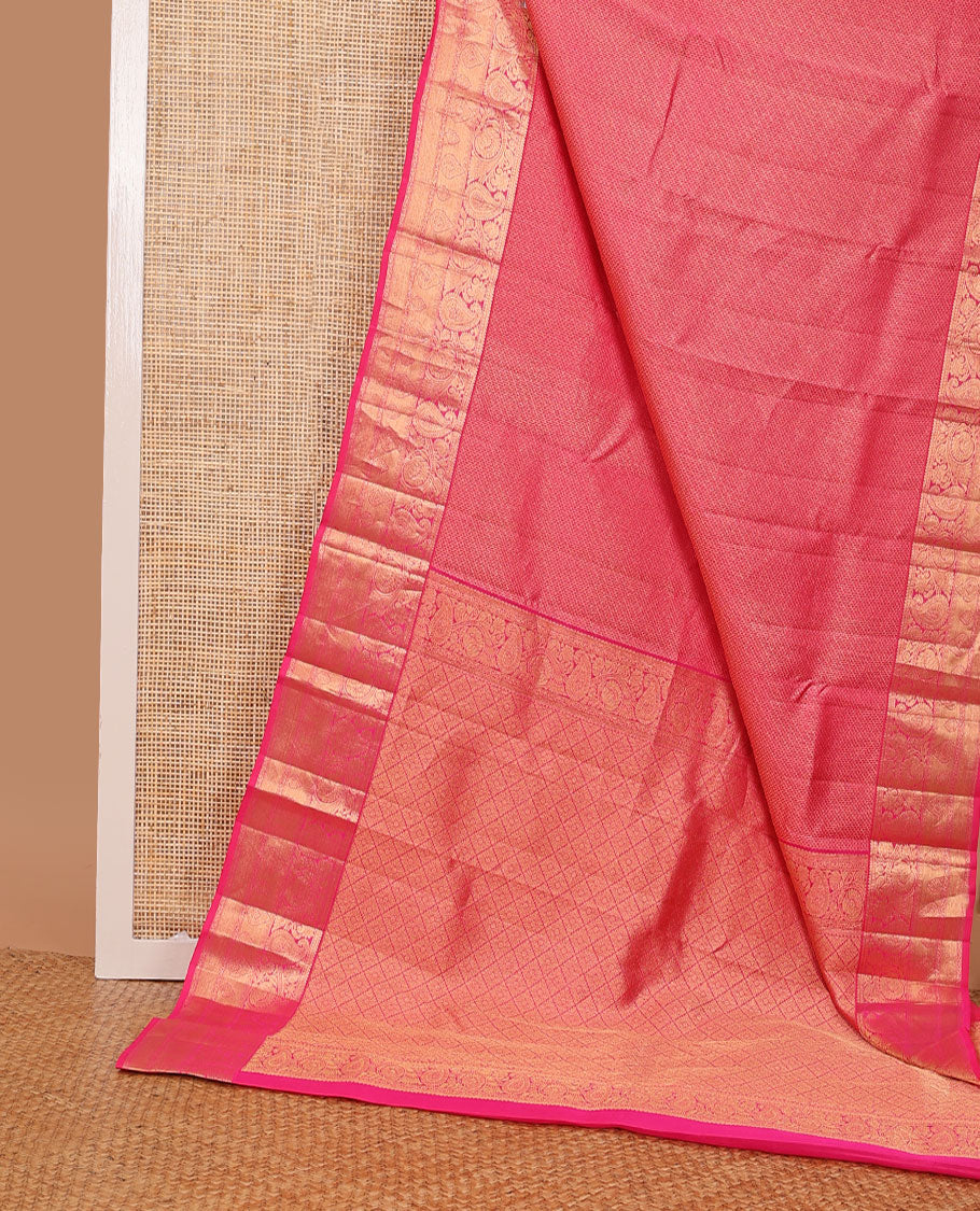 Pink jacquard wedding silk saree, zari-rich jaal pallu & zari border of rekku,rudraksham,jaal, floral & paisleys