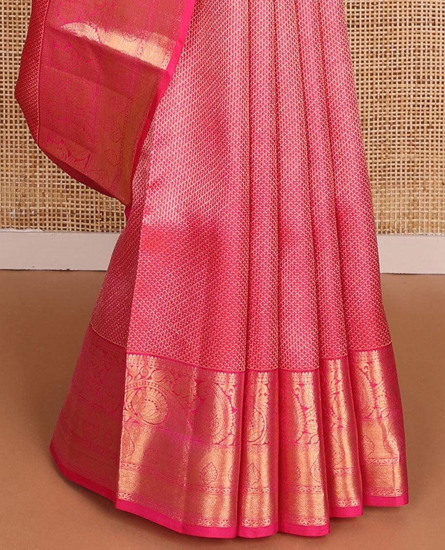 Pink jacquard wedding silk saree, zari-rich jaal pallu & zari border of rekku,rudraksham,jaal, floral & paisleys