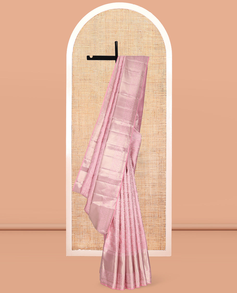 Pink Jacquard Kanchipuram Wedding Silk Saree, Highlighted by a Zari Border of Kodi Visiry Designs, Grand Jaal Pallu, and Matching Blouse