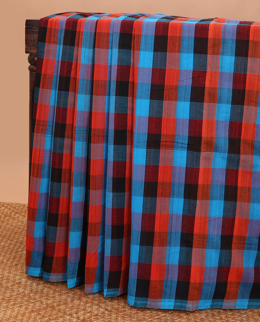 Borderless Multi-color checked mangalagiri cotton saree with pallu of stripes