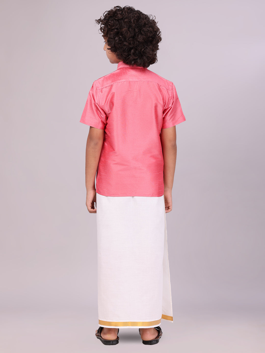 Boys Pink Color Half Sleeves Shirt with Gold Jari Flexi Dhoti Adorable Boy