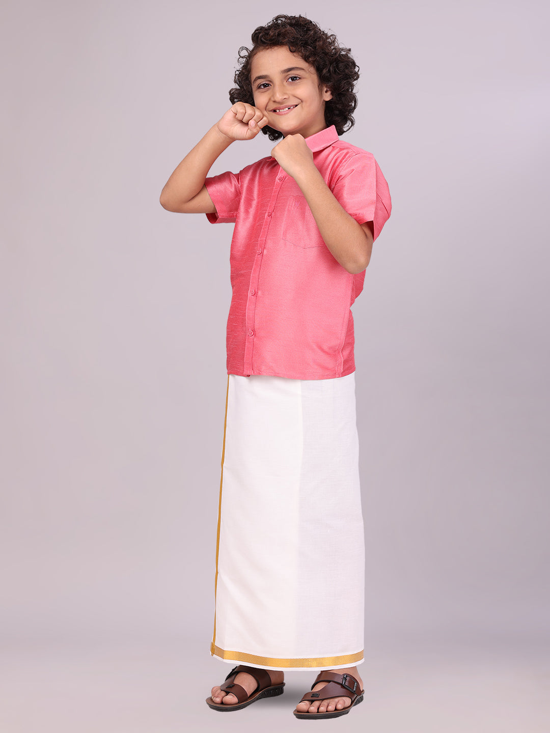 Boys Pink Color Half Sleeves Shirt with Gold Jari Flexi Dhoti Adorable Boy