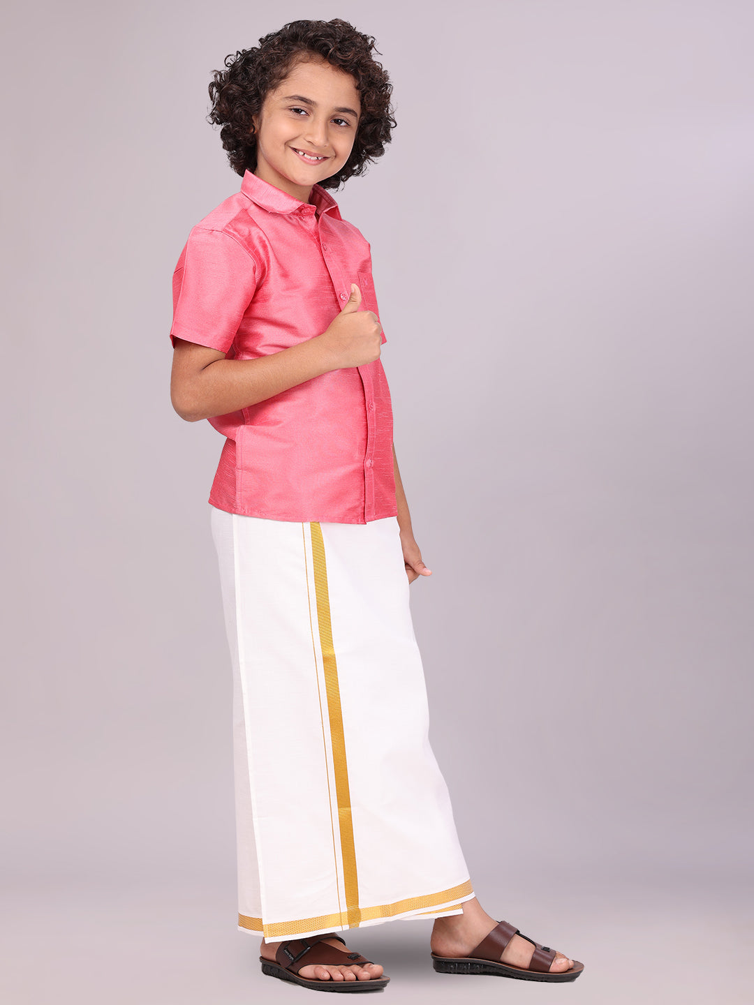 Boys Pink Color Half Sleeves Shirt with Gold Jari Flexi Dhoti Adorable Boy