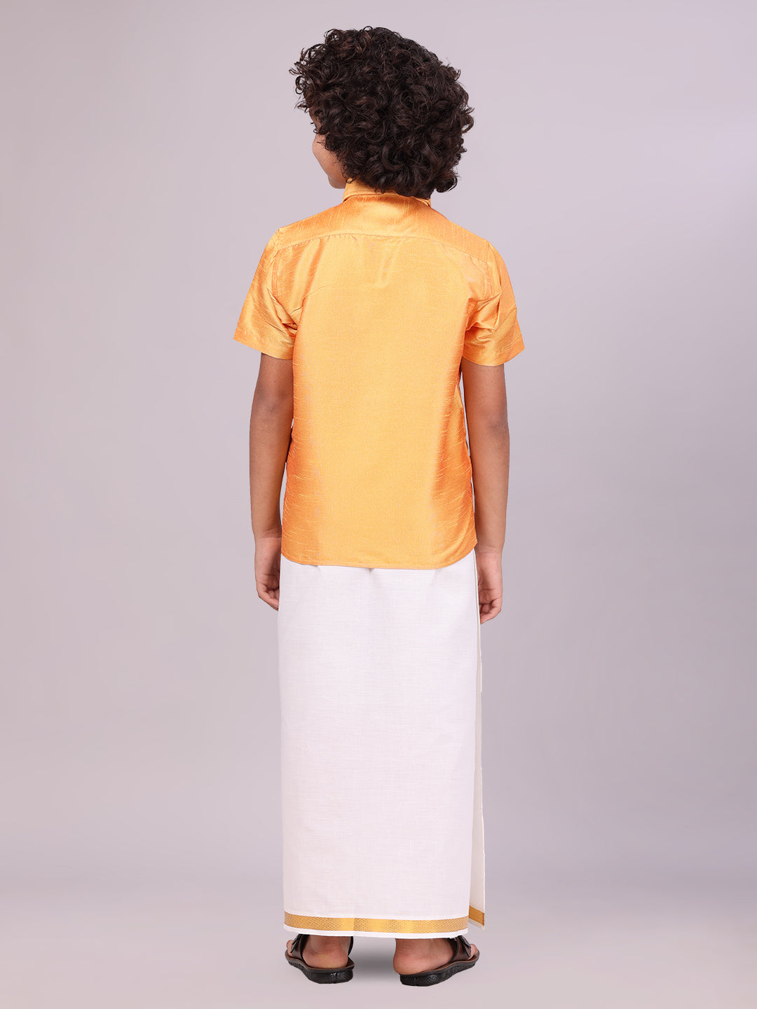 Boys Golden Yellow Color Half Sleeves Shirt with Gold Jari Flexi Dhoti Adorable Boy