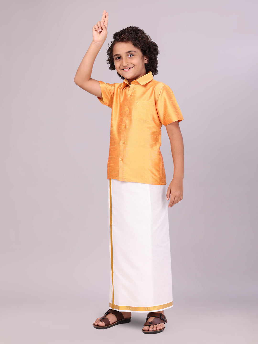 Boys Golden Yellow Color Half Sleeves Shirt with Gold Jari Flexi Dhoti Adorable Boy