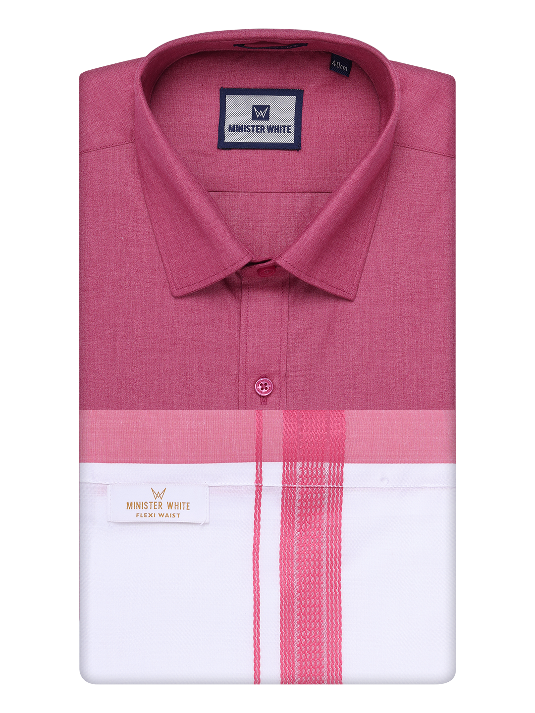 Mens Pink Shirt with Matching Border Flexi Dhoti Combo Casper Flexi by Minister White