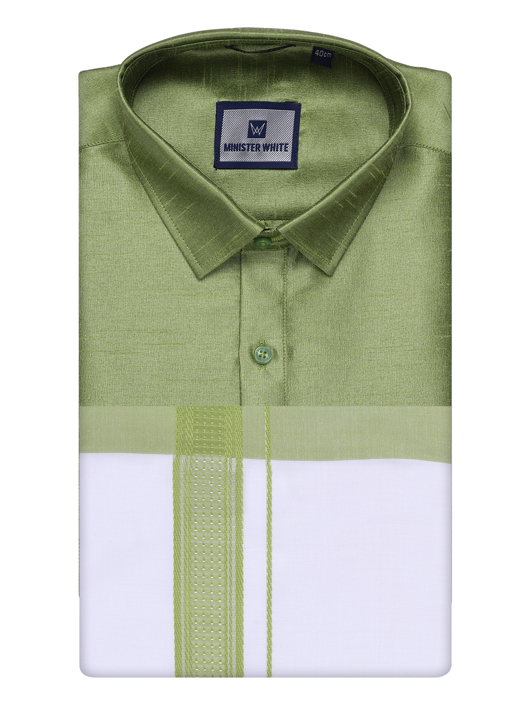 Mens Green Dupion Satin Shirt with Matching Border Dhoti Combo Gora by Minister White