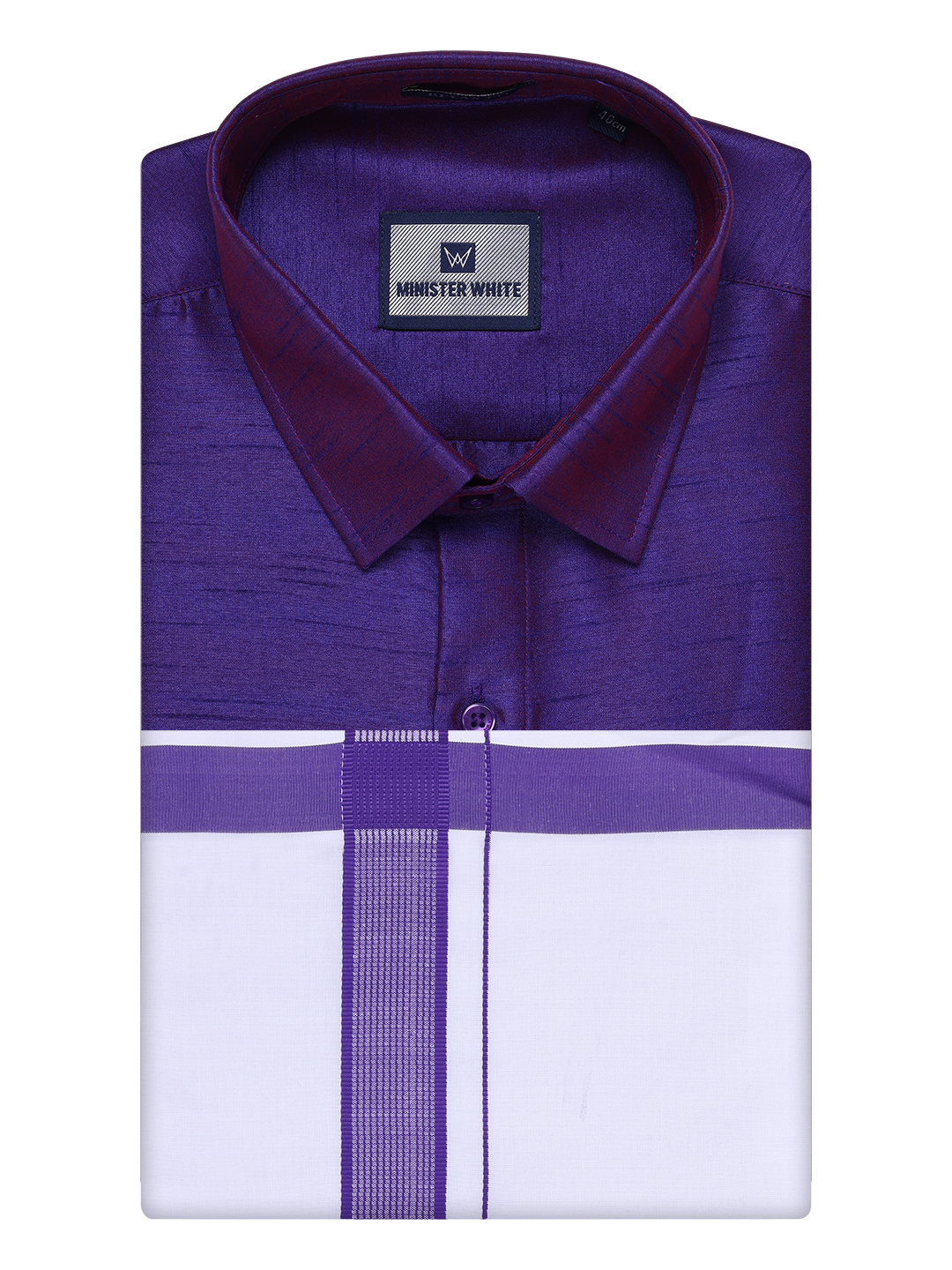 Mens Violet Dupion Satin Color Shirt with Matching Border Dhoti Combo Gora by Minister White