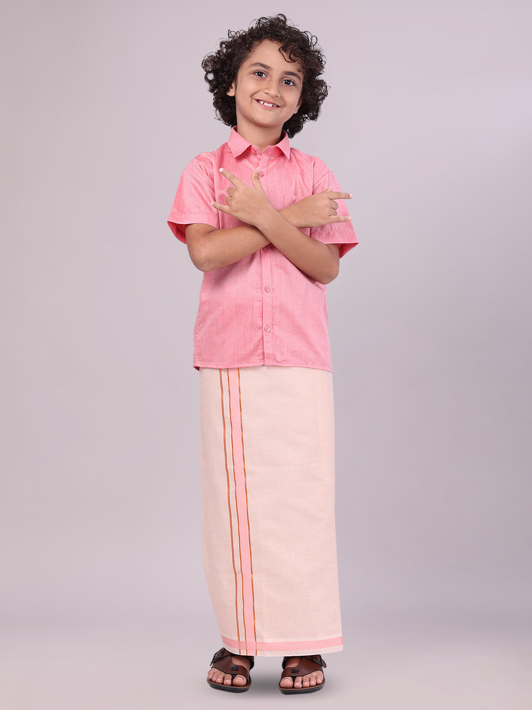 Kids Pink Color Cotton Shirt with Matching Border Tissue Dhoti Combo