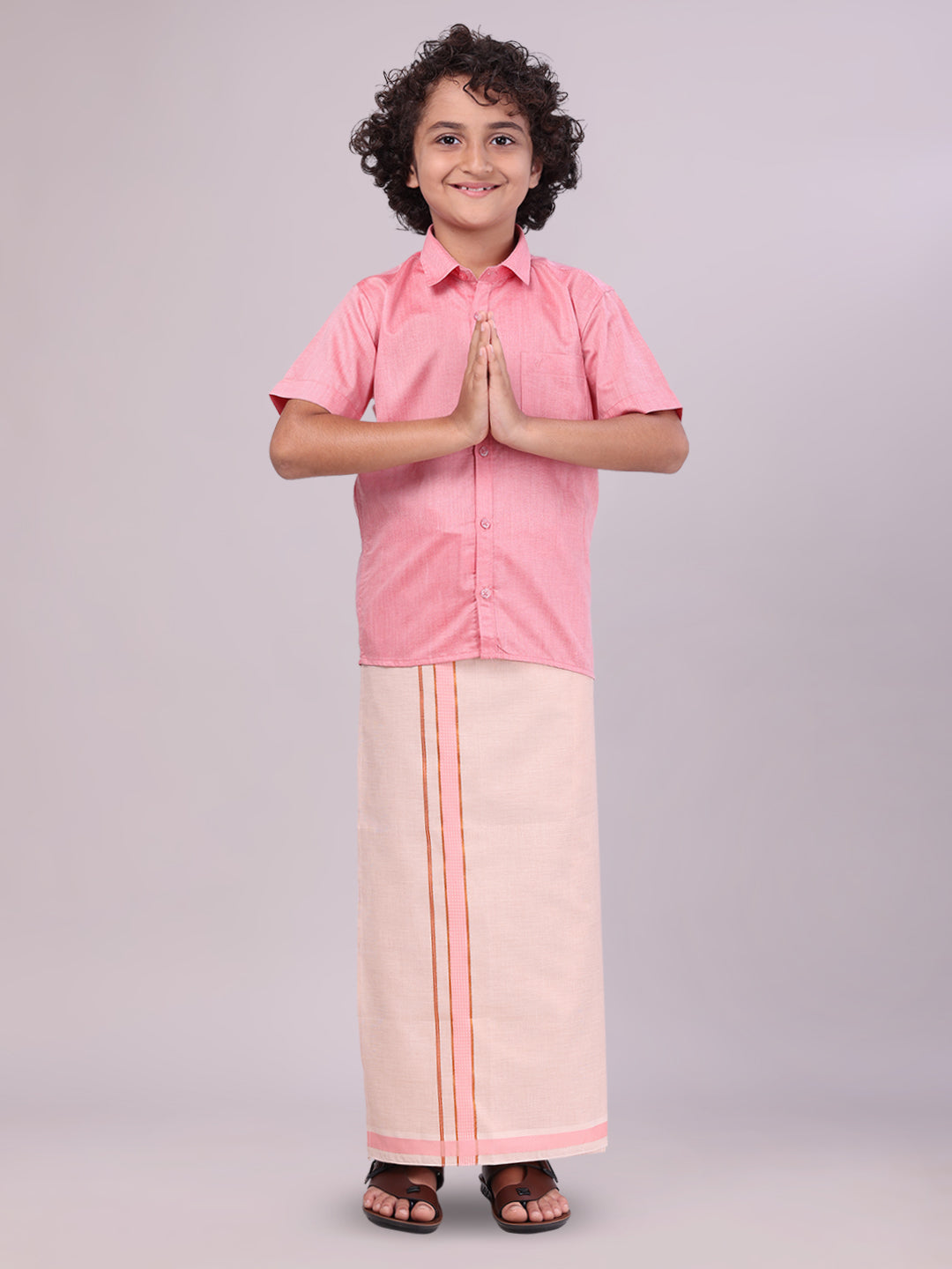 Kids Pink Color Cotton Shirt with Matching Border Tissue Dhoti Combo