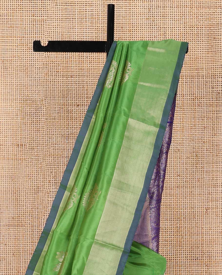 Green floral motifs uppada saree with contrast zari border & paisley design pallu